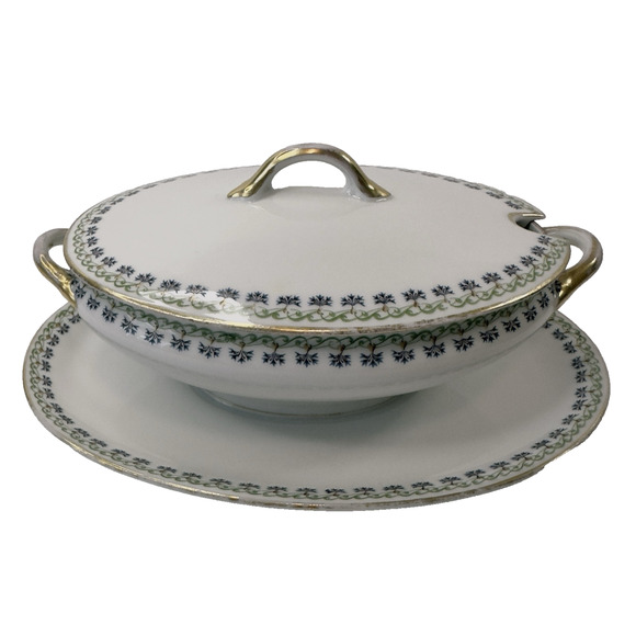 GDA Limoges France Porcelain Covered Serving Dish Green/Blue Floral Antique - Picture 1 of 13